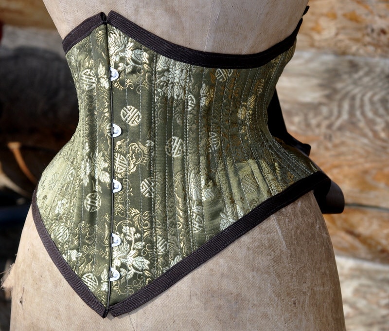 Handmade Steampunk Victorian Style Olive Green Silk Brocade Steel Boned Underbust Corset Perfect For Tight Lacing Custom Made Just for You
