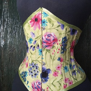 Handmade in Canada by La Belle Fairy corsets lovely steel boning Victorian underbust corset in bright spring green cotton floral image 7