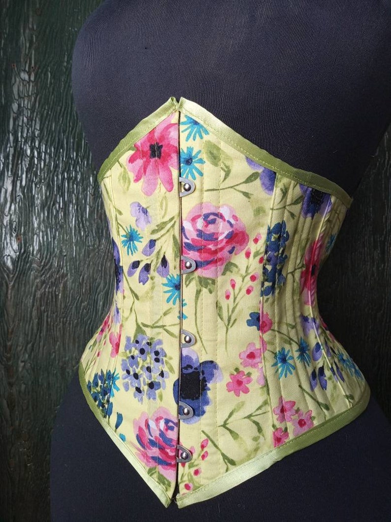 Handmade in Canada by La Belle Fairy corsets lovely steel boning Victorian underbust corset in bright spring green cotton floral image 7