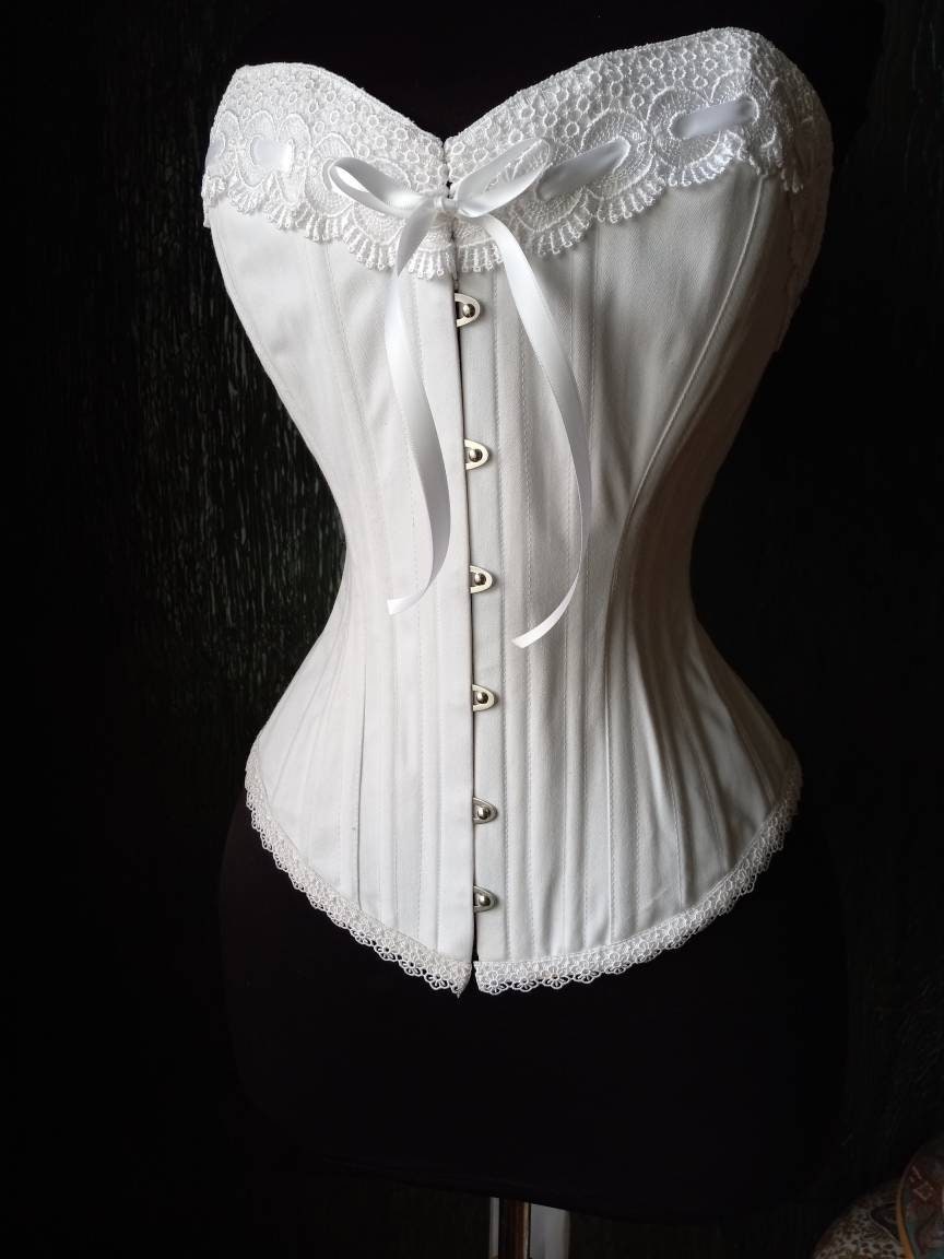 White Cotton Coutil Handmade Victorian Hourglass Sweetheart Overbust Corset  