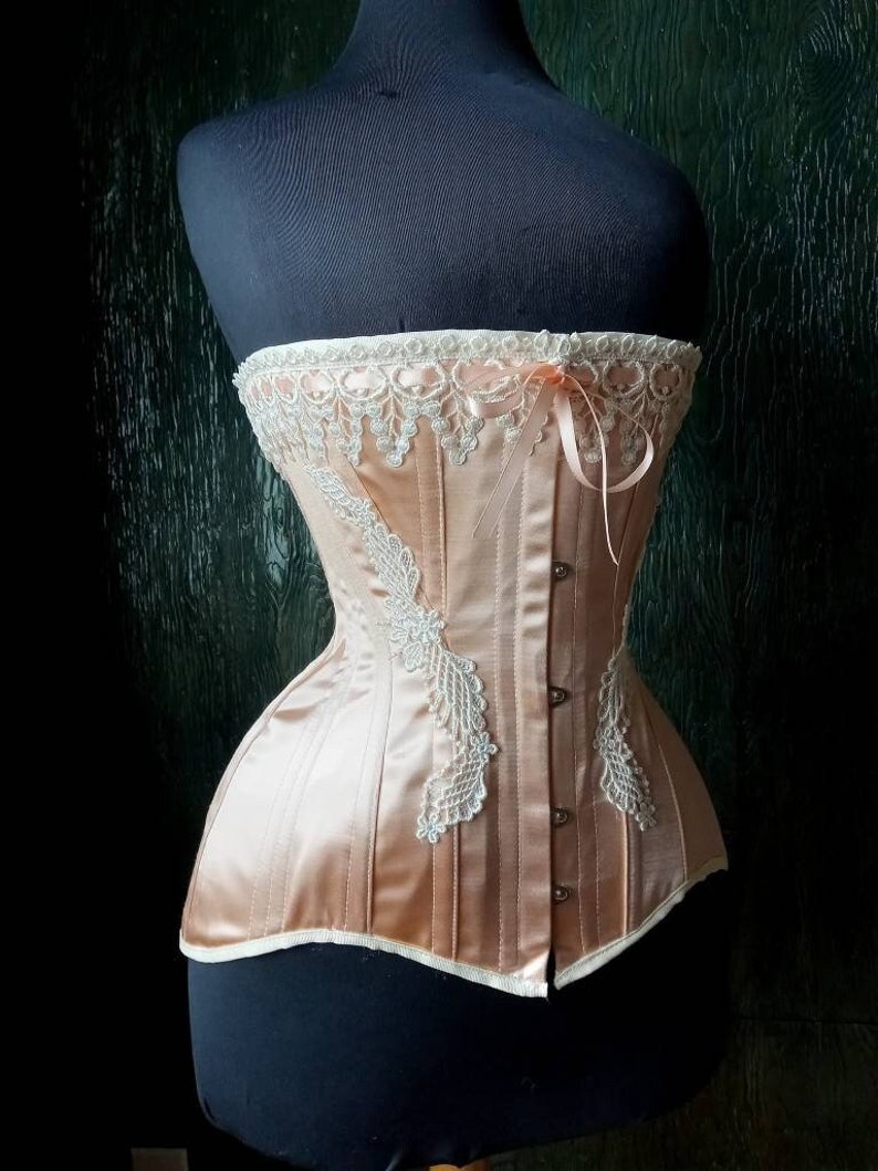 Nude Peach Satin Coutil Steel Boned Edwardian S-Bend Overbust Tight Lacing Corset with Venise Lace Detail Custom Made Just For You image 1