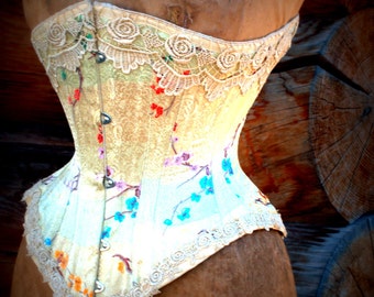 Custom Made Bridal Lingerie-Set  Corset and Gstring panties Custom Made for Wedding Boudoir Burlesque Costume Gold Brocade Silk Tea Stained