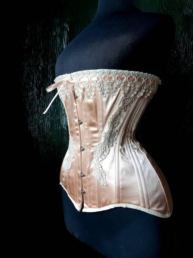 Nude Peach Satin Coutil Steel Boned Edwardian S-Bend Overbust Tight Lacing Corset with Venise Lace Detail Custom Made Just For You image 3