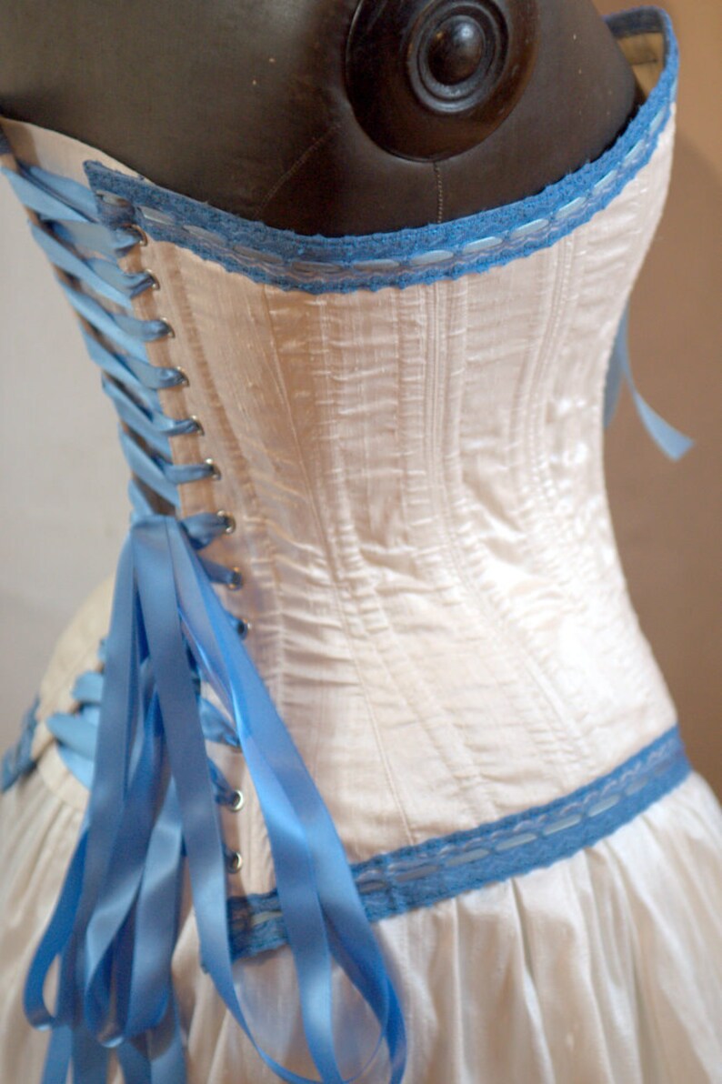 Handmade in Canada Steampunk Victorian Wedding Dress: Ivory and Blue steel boned Corset & Skirt by labellefairy image 3