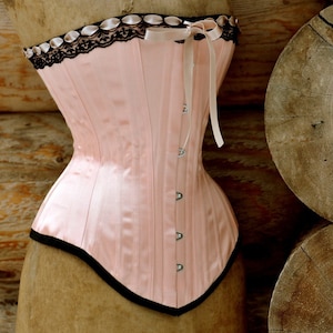 Classic Cameo Black and Peach Satin Coutil Handmade Steel Boned Victorian Overbust Corset with Black Lace Detail Custom Made Just for You image 2