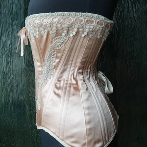 Nude Peach Satin Coutil Steel Boned Edwardian S-Bend Overbust Tight Lacing Corset with Venise Lace Detail Custom Made Just For You image 7