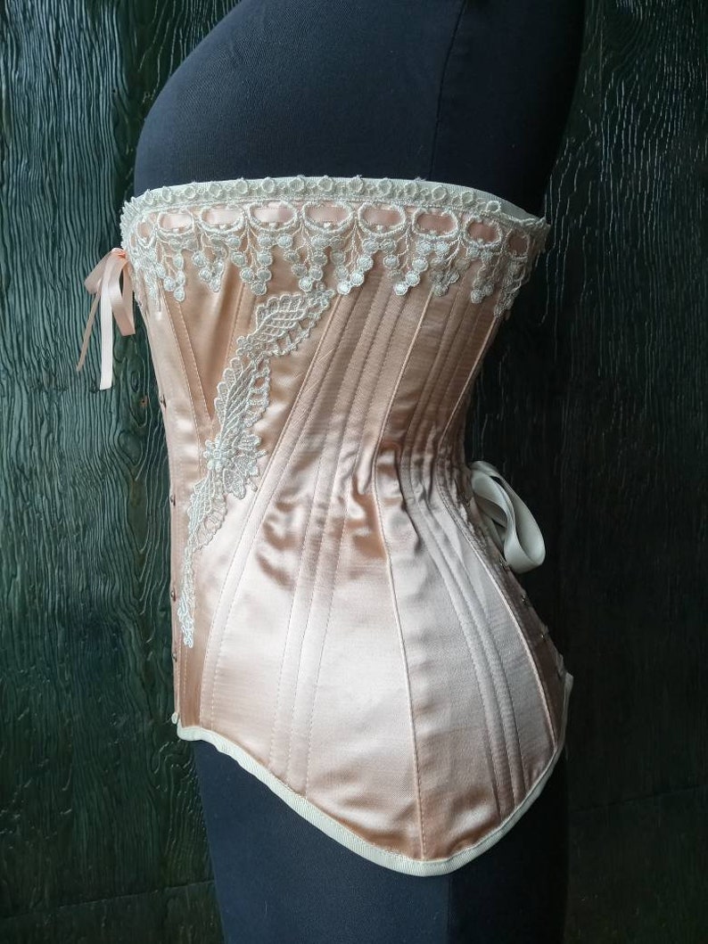 Nude Peach Satin Coutil Steel Boned Edwardian S-Bend Overbust Tight Lacing Corset with Venise Lace Detail Custom Made Just For You image 7