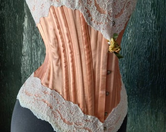 Handcrafted sunset peach Victorian overbust corset exterior boning German faux whalebone by la belle fairy corsets in Canada