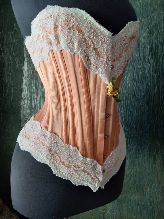 Handcrafted Sunset Peach Victorian Overbust Corset Exterior Boning