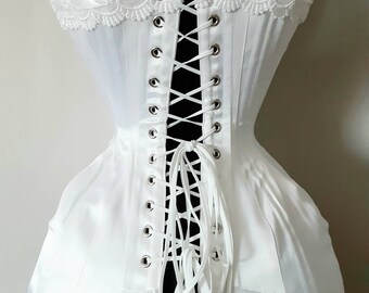 Luminous White Satin Handmade Edwardian S Bend Steel Boned Corset With Lace  Detail Custom Made Just for You 
