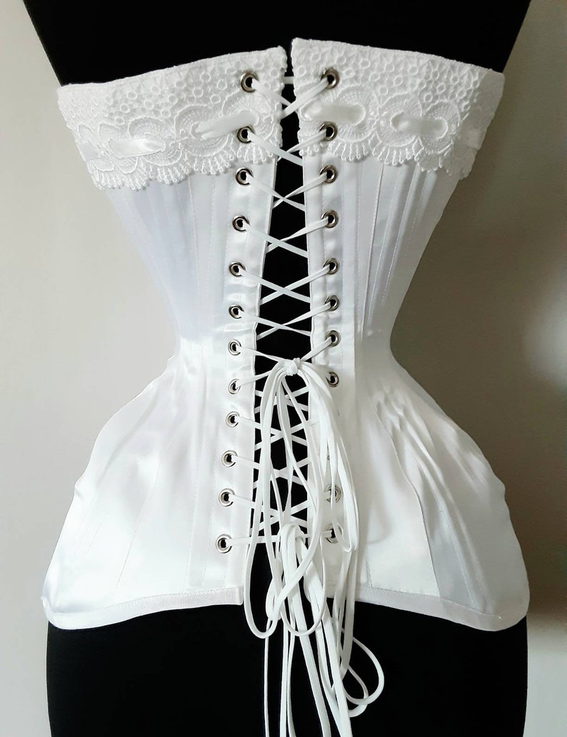 Luminous White Satin Handmade Edwardian S Bend Steel Boned Corset with Lace Detail Custom made Just for you image 6