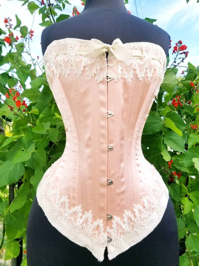 Antique Style Handmade in Canada Steel Boned Victorian Ballet Pink Overbust  Wedding Corset Custom Made Just for You 