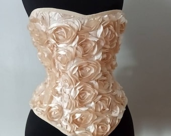 Sample sale Glorious deep cream roses handmade steel boned Victorian overbust corset one of a kind handmade in Canada by La belle fairy