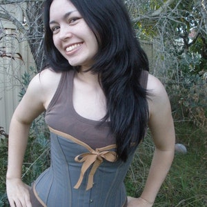 Slate Grey Steel Boned Handmade Custom Steampunk Style Overbust Corset with Mustard Accent image 1