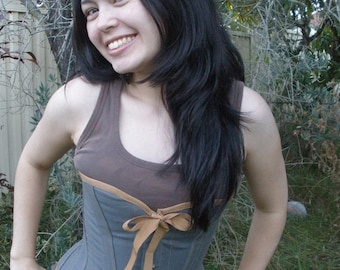 Slate Grey Steel Boned Handmade Custom Steampunk Style Overbust Corset with Mustard Accent