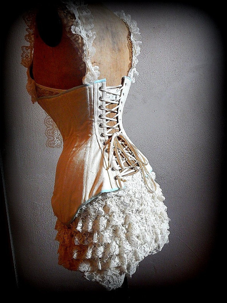 Katie Romantic Handmade Antique Style Natural Cotton Steel Boned Edwardian S bend Corset with Lace Bralette Custom image 5