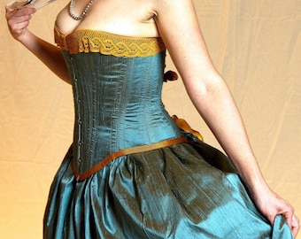 Limited Edition Turquoise Blue and Gold Corset Gown Custom Made perfect Victorian Mermaid Steampunk Wedding Dress