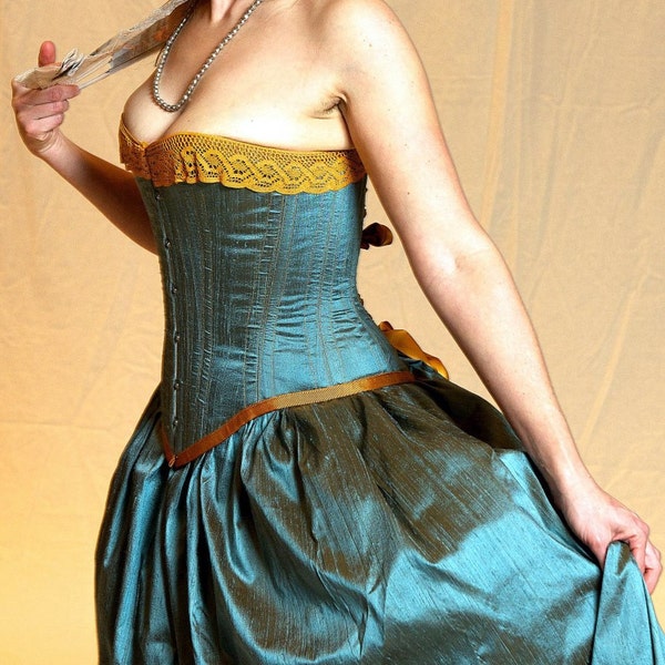 Limited Edition Turquoise Blue and Gold Corset Gown Custom Made perfect Victorian Mermaid Steampunk Wedding Dress