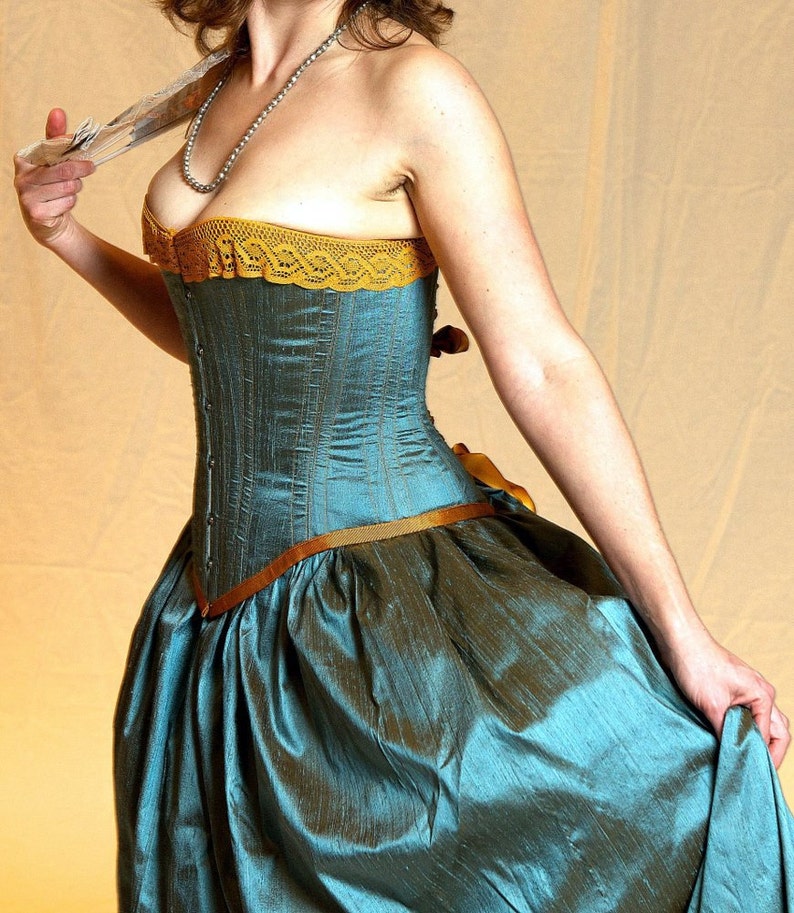 Limited Edition Turquoise Blue and Gold Corset Gown Custom Made perfect Victorian Mermaid Steampunk Wedding Dress image 1