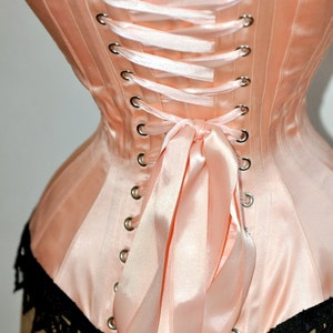 Show Stopping Peach & Black Handmade Victorian Steel Boned Overbust Corset with Black Venice Detail at Bust and Hip Custom Made Just for You image 5