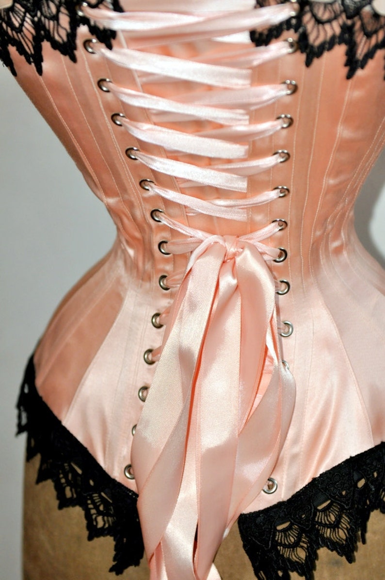 Show Stopping Peach & Black Handmade Victorian Steel Boned Overbust Corset with Black Venice Detail at Bust and Hip Custom Made Just for You image 5