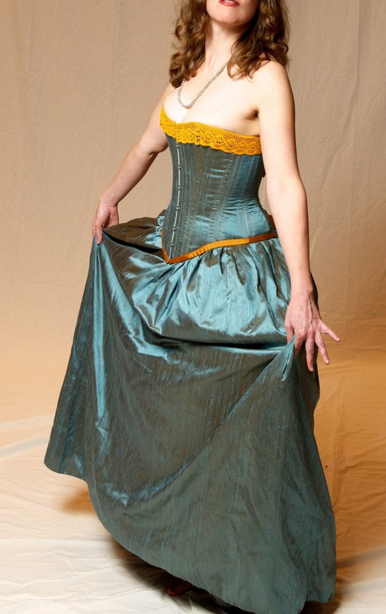 Limited Edition Turquoise Blue and Gold Corset Gown Custom Made perfect Victorian Mermaid Steampunk Wedding Dress image 3