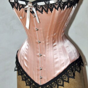 Show Stopping Peach & Black Handmade Victorian Steel Boned Overbust Corset with Black Venice Detail at Bust and Hip Custom Made Just for You image 2