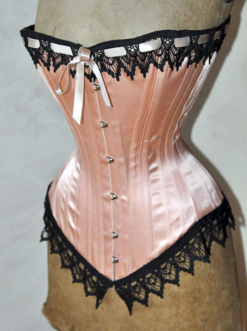 Show Stopping Peach & Black Handmade Victorian Steel Boned Overbust Corset with Black Venice Detail at Bust and Hip Custom Made Just for You image 2