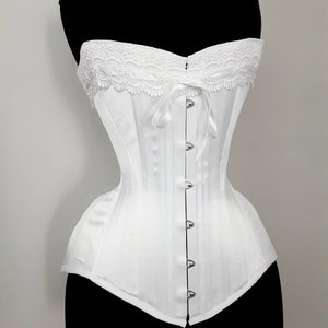 Luminous White Satin Handmade Edwardian S Bend Steel Boned Corset with Lace Detail Custom made Just for you image 4