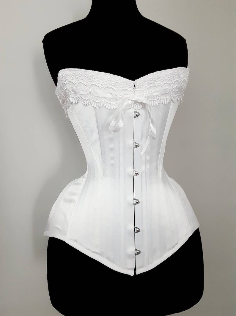 Luminous White Satin Handmade Edwardian S Bend Steel Boned Corset with Lace Detail Custom made Just for you image 4