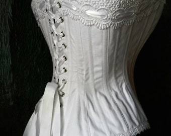 White cotton coutil handmade  Victorian Hourglass  Sweetheart Overbust corset