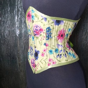 Handmade in Canada by La Belle Fairy corsets lovely steel boning Victorian underbust corset in bright spring green cotton floral image 3