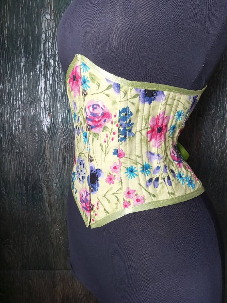 Handmade in Canada by La Belle Fairy corsets lovely steel boning Victorian underbust corset in bright spring green cotton floral image 3