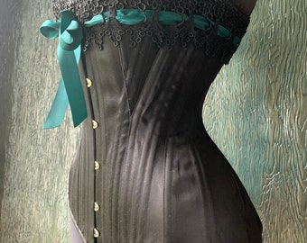 Sample Sale Ready to ship Edwardian S- curve or  S -Bend satinsteel boned corset with teal green ribbon waist 26 inches fits to 30 inch