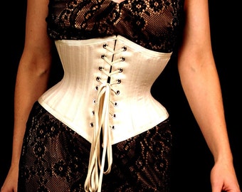 Jasmine...Natural cotton Handmade Tightlacing hourglass waspie Underbust Corset with Front Back Lacing with Steel Boning & Matching Laces