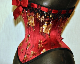 Handmade Brocade Red Silk Mid-Bust Corset Custom Made Just for You