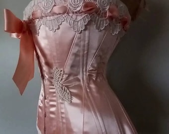 GUINEVERE… Classic Edwardian S- Bend peach satin couture corset with lace detail and garters made to measure perfect for weddings or boudoir