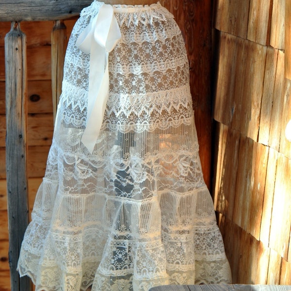 Handmade Custom Vintage Lace Ivory and Cream Full Petticoat Skirt Ribbon Drawstring perfect Steampunk Romantic Victorian Womens Clothing