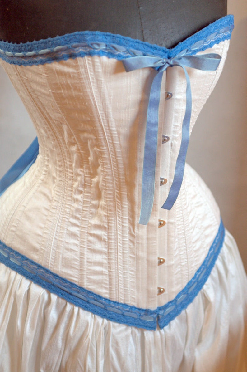 Handmade in Canada Steampunk Victorian Wedding Dress: Ivory and Blue steel boned Corset & Skirt by labellefairy image 2