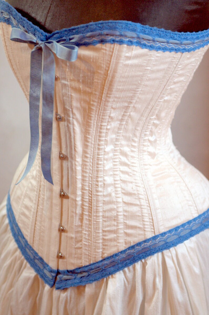 Handmade in Canada Steampunk Victorian Wedding Dress: Ivory and Blue steel boned Corset & Skirt by labellefairy image 4