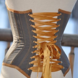 Slate Grey Steel Boned Handmade Custom Steampunk Style Overbust Corset with Mustard Accent image 5