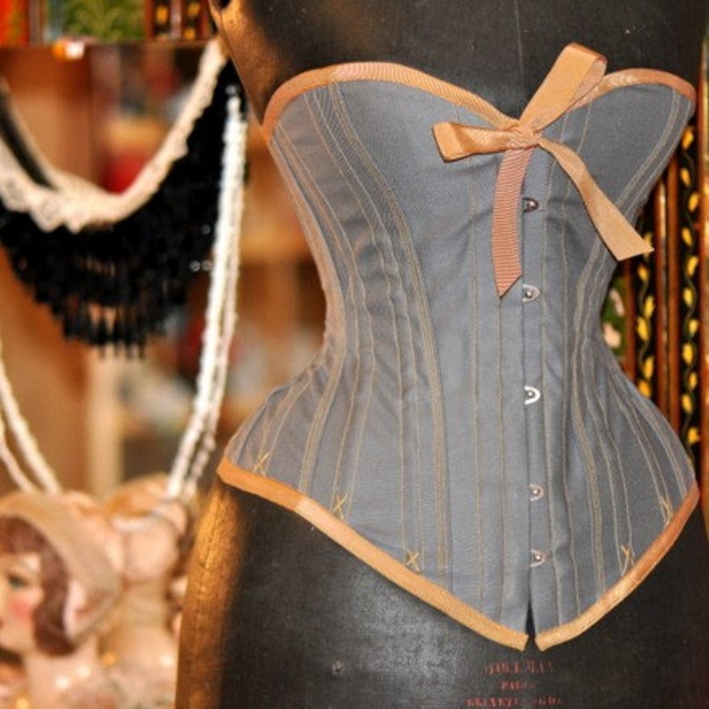 Slate Grey Steel Boned Handmade Custom Steampunk Style Overbust Corset with Mustard Accent image 2