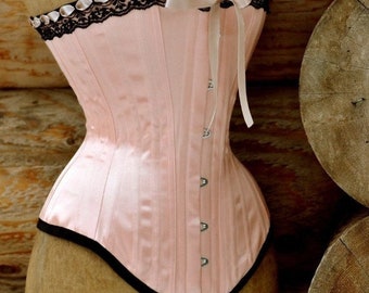 Traditional Victorian Classic Cameo peach and black steel boned Victorian corset custom made in Canada by La Belle Fairy Just for you