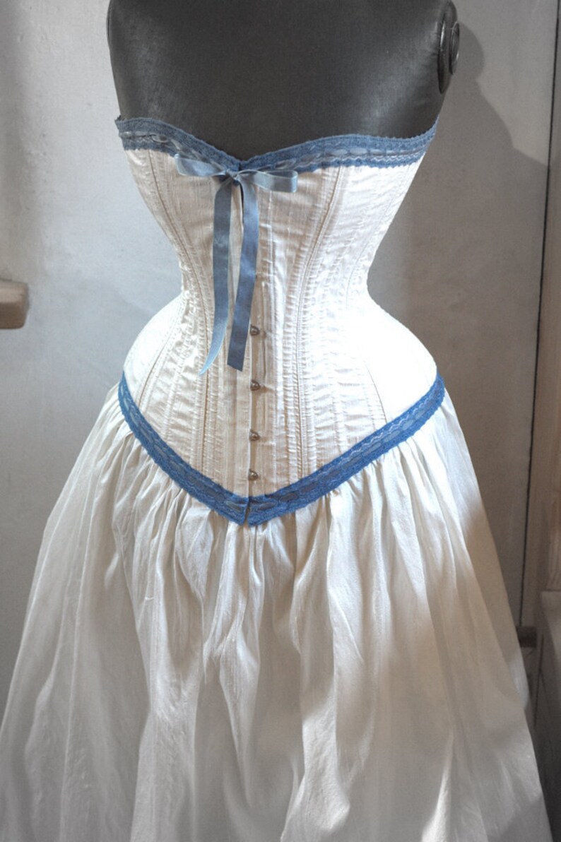 Handmade in Canada Steampunk Victorian Wedding Dress: Ivory and Blue steel boned Corset & Skirt by labellefairy image 1