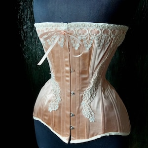 Nude Peach Satin Coutil Steel Boned Edwardian S-Bend Overbust Tight Lacing Corset with Venise Lace Detail Custom Made Just For You image 5