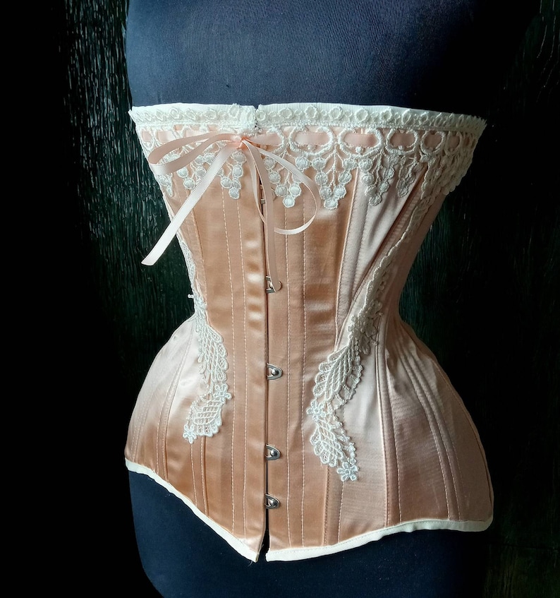 Nude Peach Satin Coutil Steel Boned Edwardian S-Bend Overbust Tight Lacing Corset with Venise Lace Detail Custom Made Just For You image 5