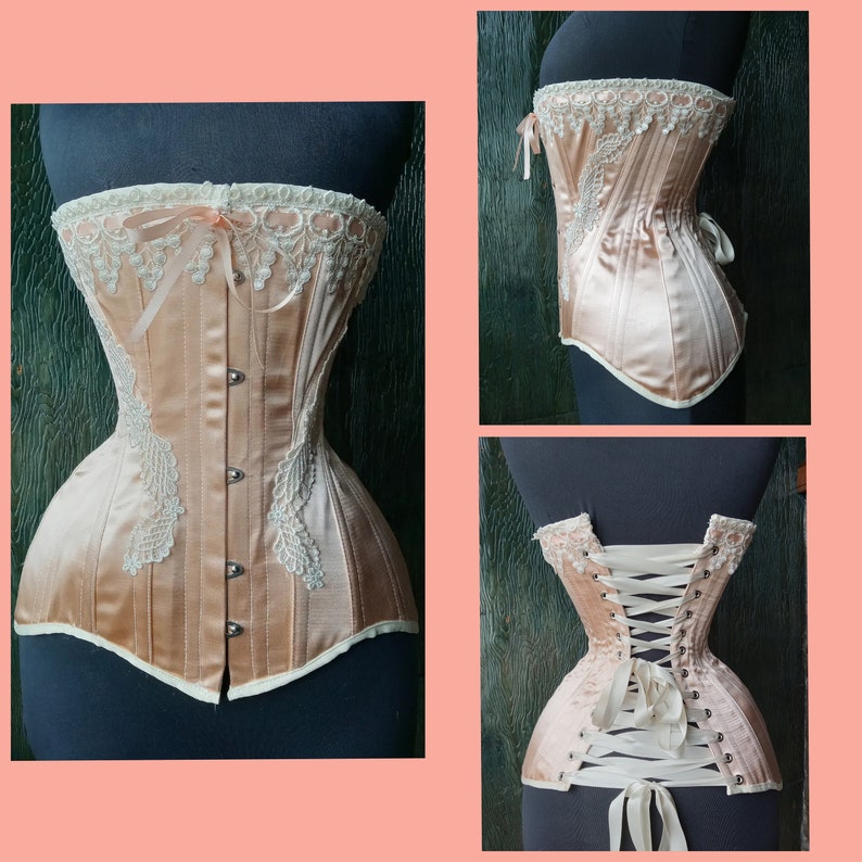 Nude Peach Satin Coutil Steel Boned Edwardian S-Bend Overbust Tight Lacing Corset with Venise Lace Detail Custom Made Just For You image 2