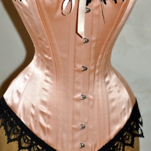 Show Stopping Peach & Black Handmade Victorian Steel Boned Overbust Corset with Black Venice Detail at Bust and Hip Custom Made Just for You image 3