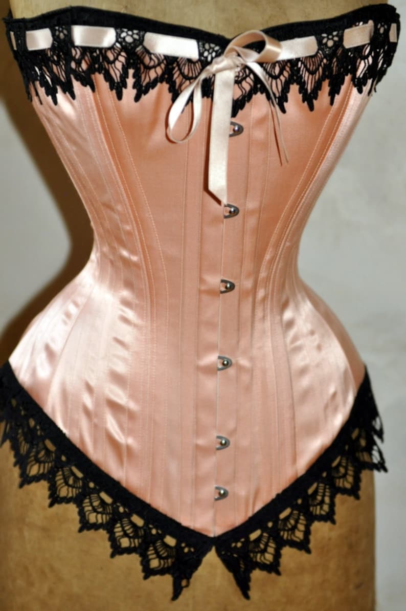 Show Stopping Peach & Black Handmade Victorian Steel Boned Overbust Corset with Black Venice Detail at Bust and Hip Custom Made Just for You image 3