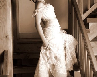 Handmade Romantic Victorian Ivory & Cream Lace Wedding Dress with Corset Bodice and Layered Bohemian Full Petticoat Skirt Made to Measure
